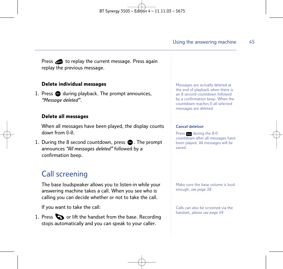 Call screening | BT 3505 User Manual | Page 45 / 72