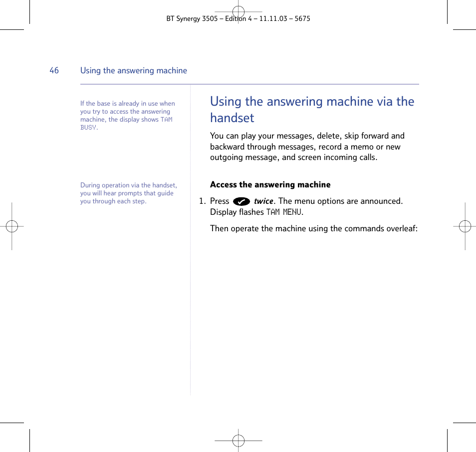 Using the answering machine via the handset | BT 3505 User Manual | Page 46 / 72