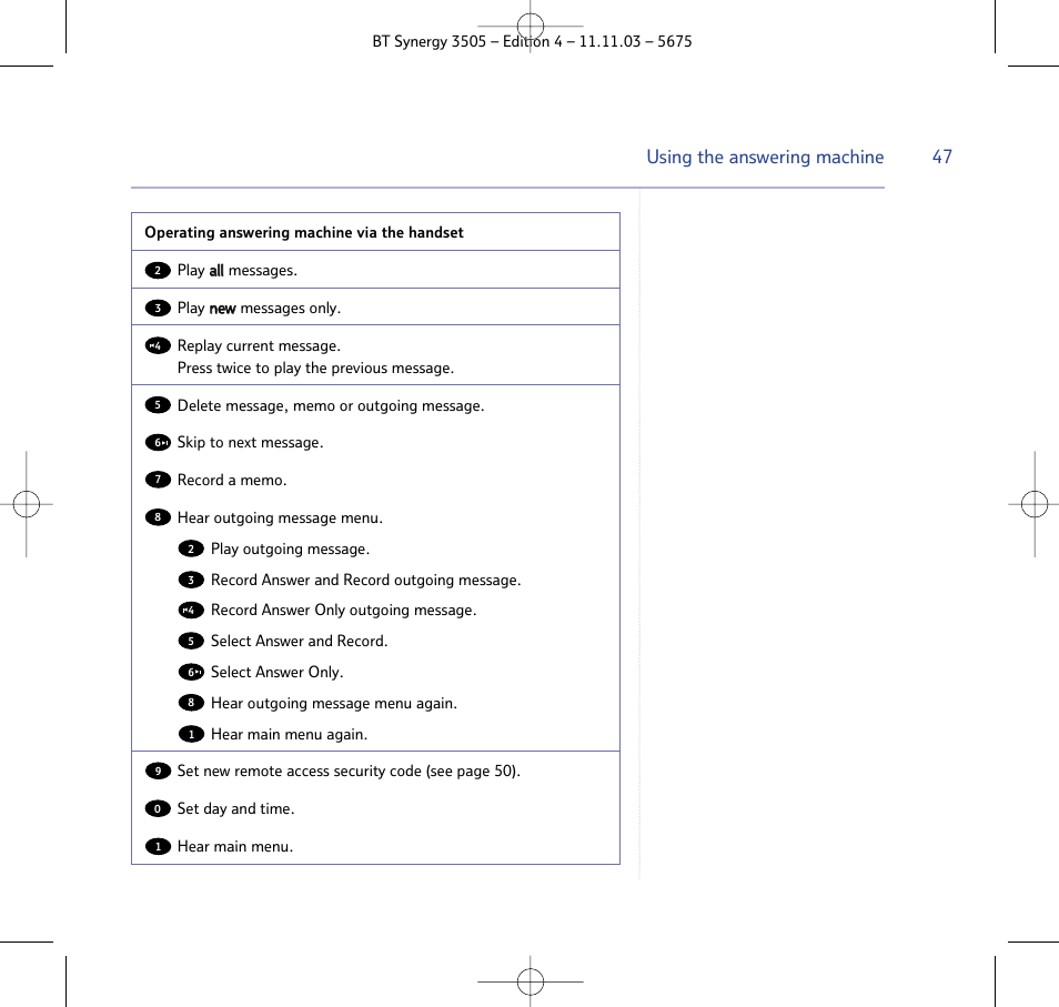 Using the answering machine | BT 3505 User Manual | Page 47 / 72