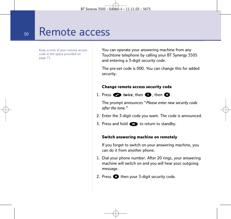 Remote access | BT 3505 User Manual | Page 50 / 72