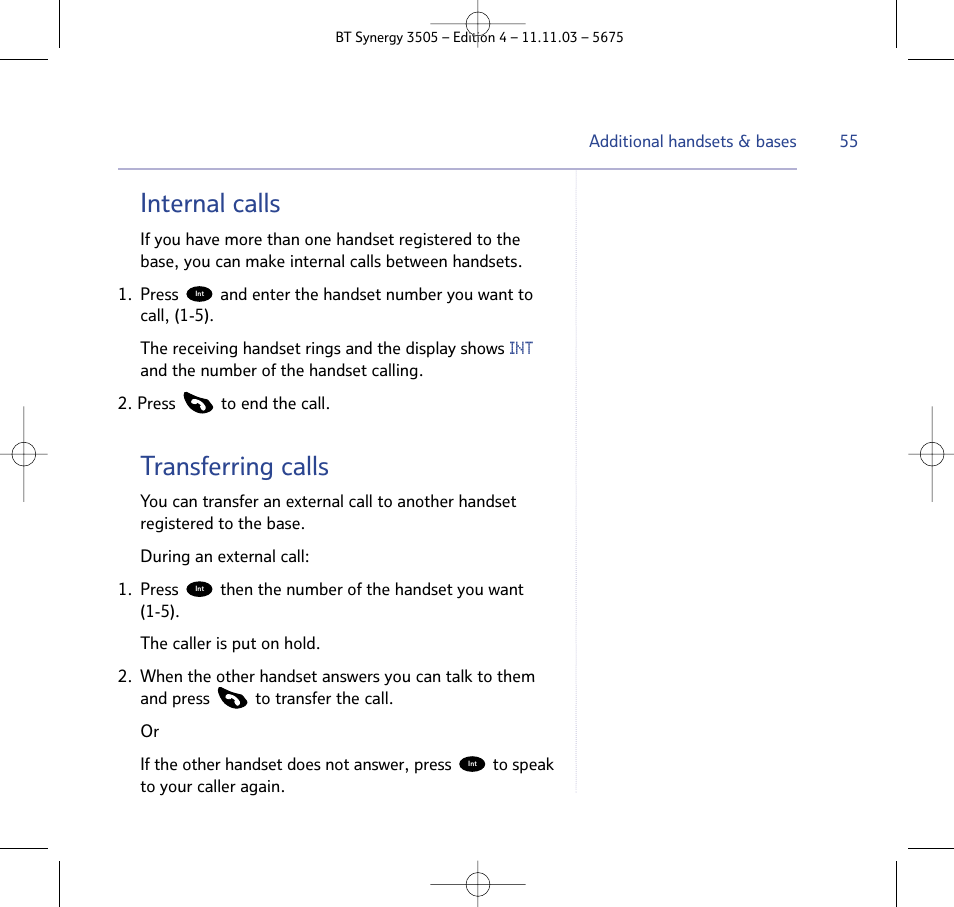 Internal calls, Transferring calls | BT 3505 User Manual | Page 55 / 72