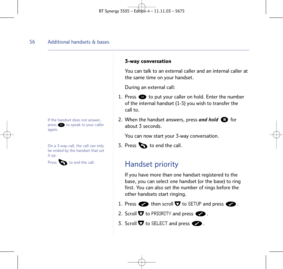 Handset priority | BT 3505 User Manual | Page 56 / 72