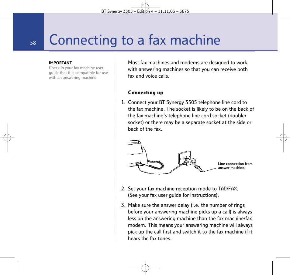 Connecting to a fax machine | BT 3505 User Manual | Page 58 / 72