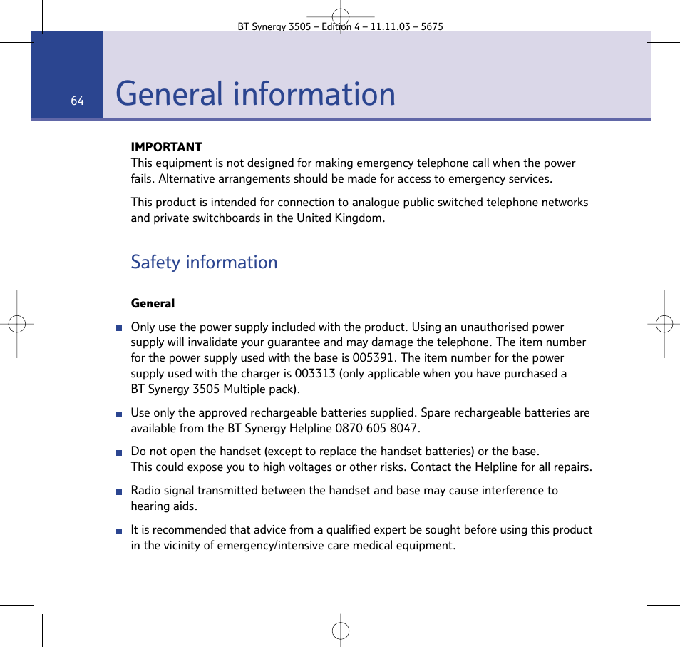 General information, Safety information | BT 3505 User Manual | Page 64 / 72