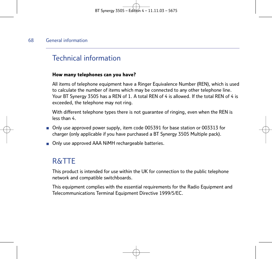 Technical information, R&tte | BT 3505 User Manual | Page 68 / 72