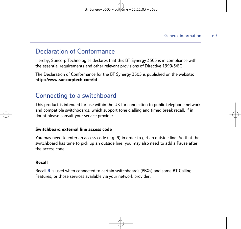 Declaration of conformance, Connecting to a switchboard | BT 3505 User Manual | Page 69 / 72