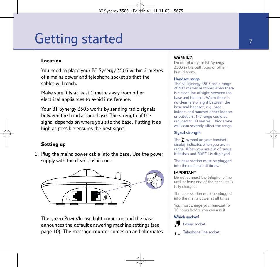 Getting started | BT 3505 User Manual | Page 7 / 72