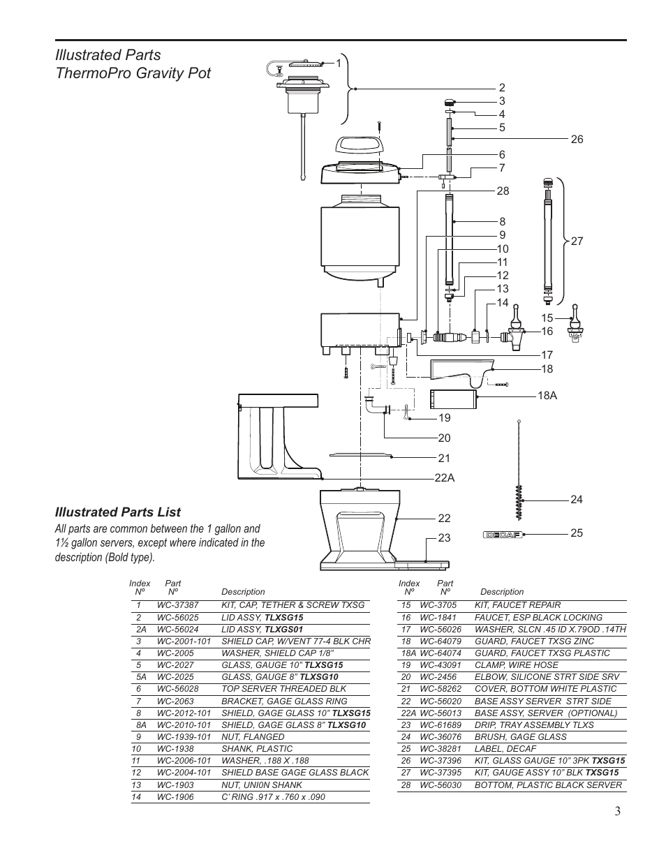 Illustrated parts thermopro gravity pot, Illustrated parts list | Wilbur Curtis TXSG1501S600 User Manual | Page 3 / 4