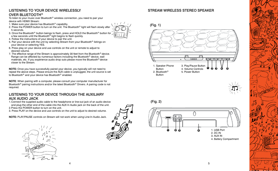 Listening to your device wirelessly over bluetooth, Stream wireless stereo speaker, Fig. 1) (fig. 2) | HMDX Stream™ Wireless Stereo Speaker EN User Manual | Page 3 / 4