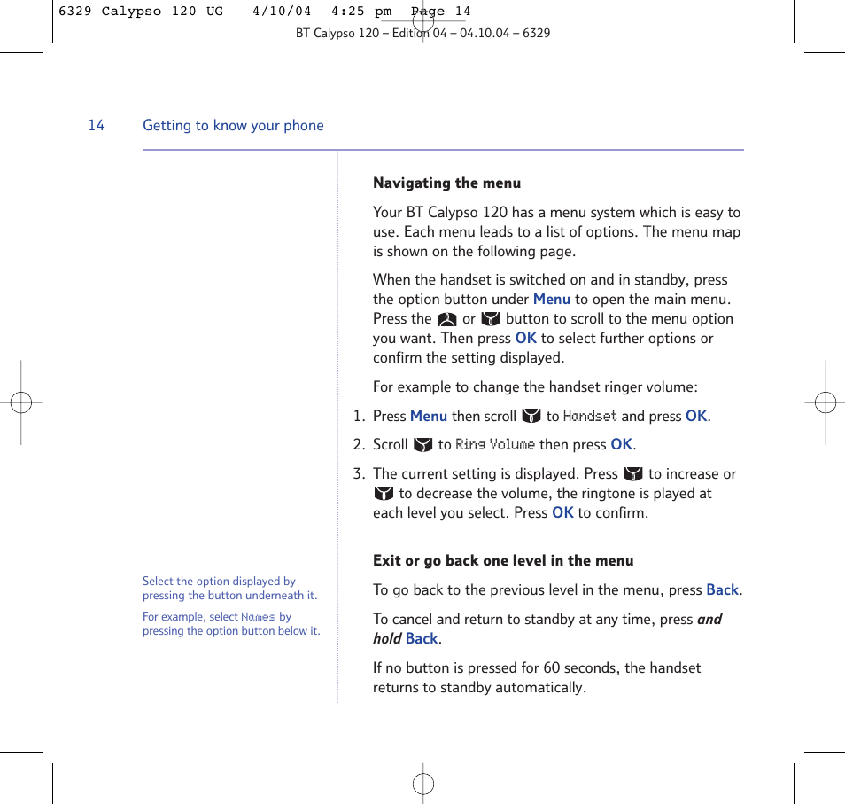 BT Calypso 120 User Manual | Page 14 / 69