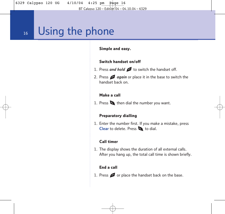 Using the phone | BT Calypso 120 User Manual | Page 16 / 69