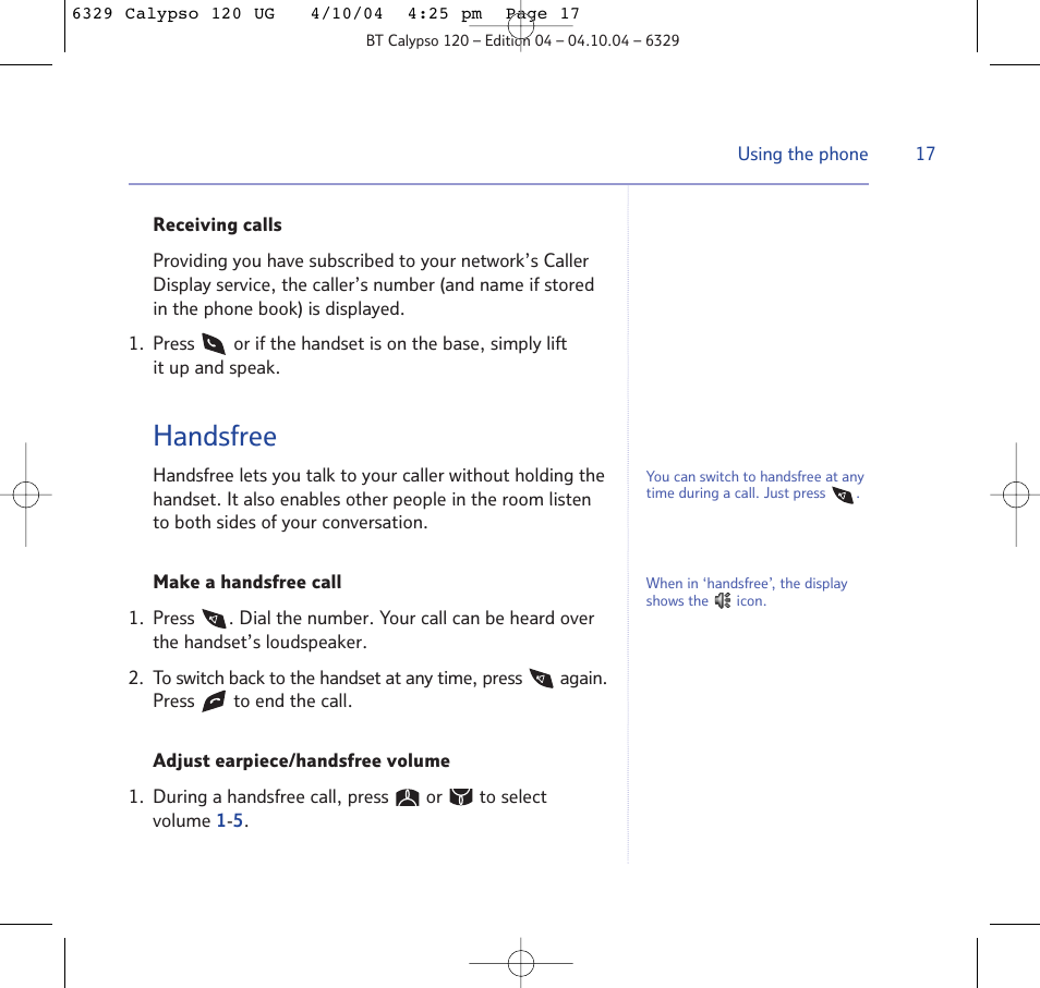 Handsfree | BT Calypso 120 User Manual | Page 17 / 69