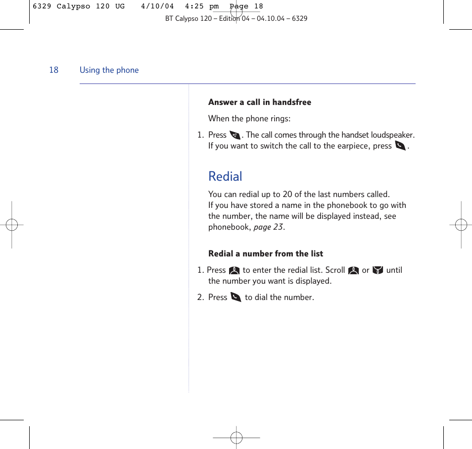 Redial | BT Calypso 120 User Manual | Page 18 / 69