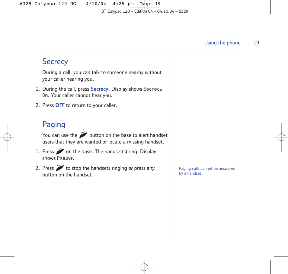 Secrecy, Paging | BT Calypso 120 User Manual | Page 19 / 69