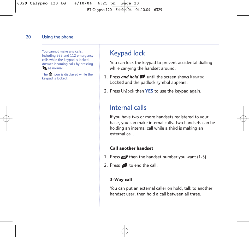 Keypad lock, Internal calls | BT Calypso 120 User Manual | Page 20 / 69