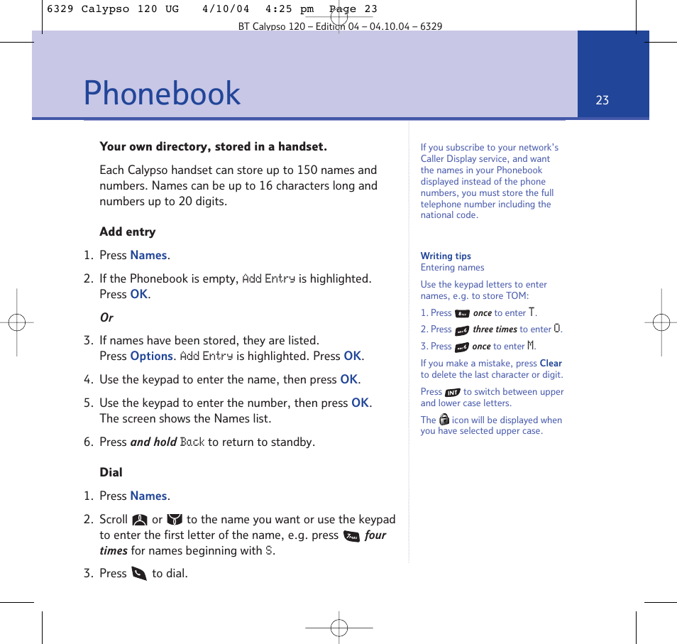 Phonebook | BT Calypso 120 User Manual | Page 23 / 69