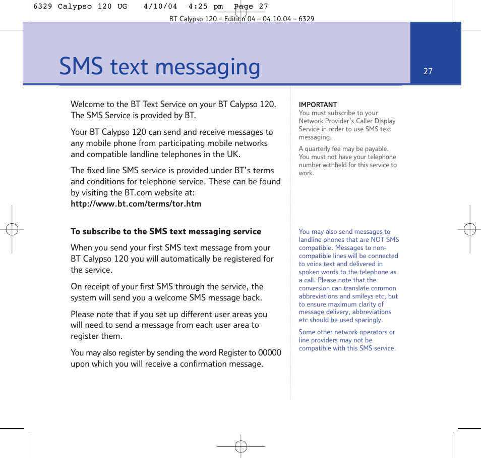 Sms text messaging | BT Calypso 120 User Manual | Page 27 / 69