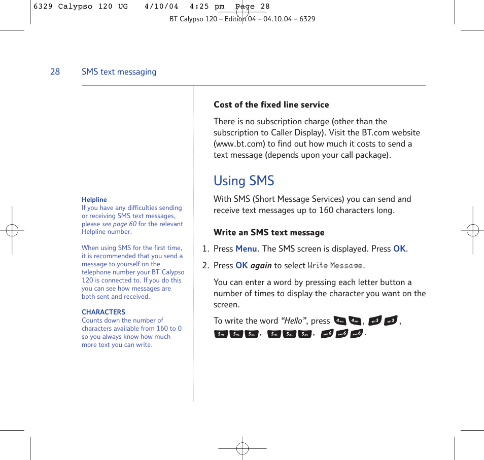 Using sms | BT Calypso 120 User Manual | Page 28 / 69