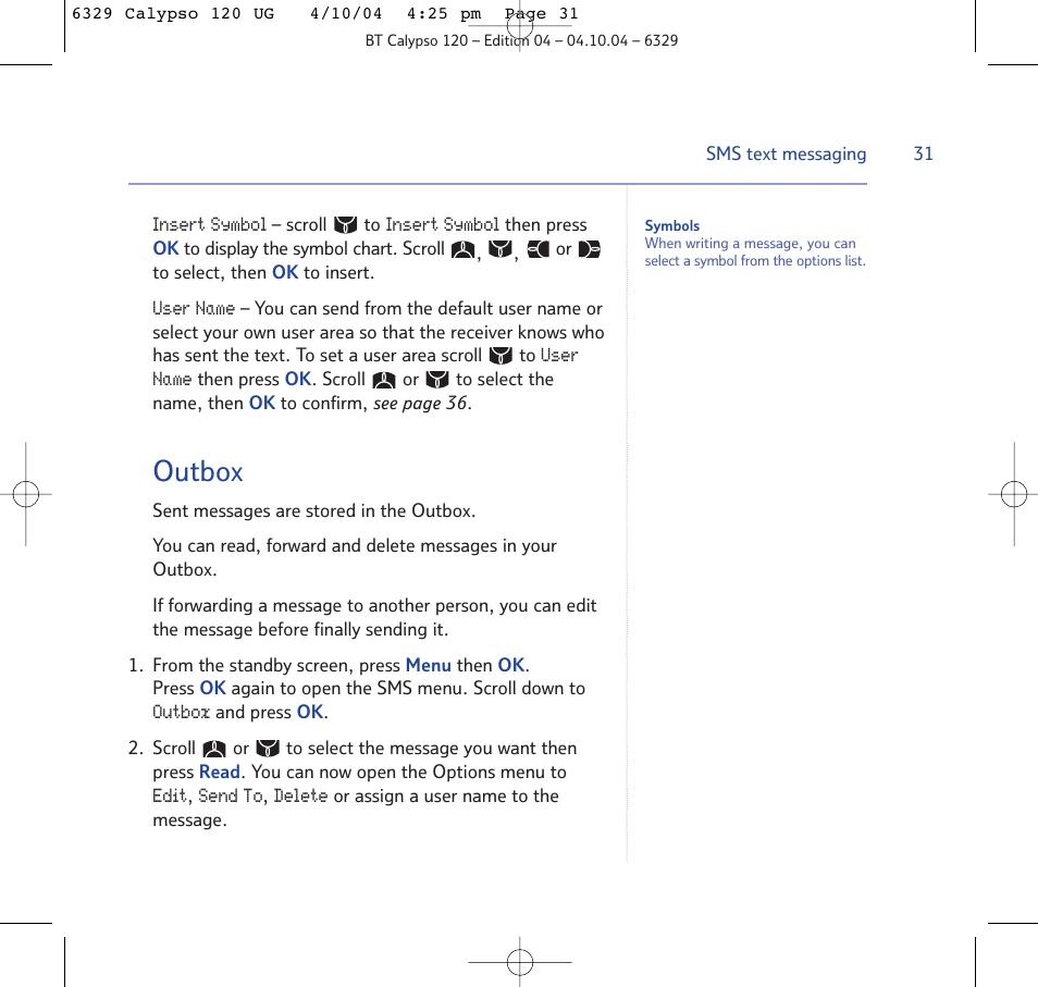 Outbox | BT Calypso 120 User Manual | Page 31 / 69
