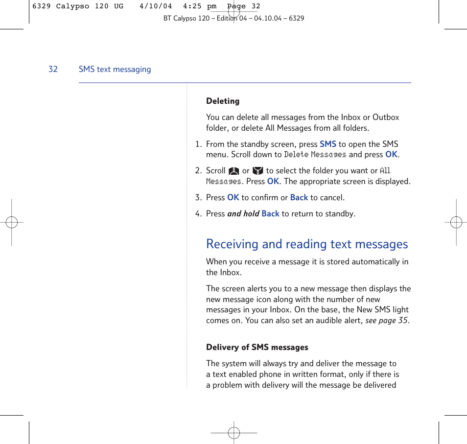 Receiving and reading text messages | BT Calypso 120 User Manual | Page 32 / 69