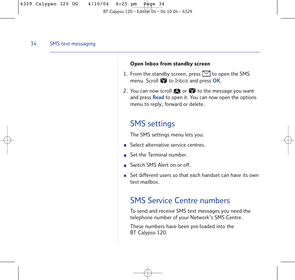Sms settings, Sms service centre numbers | BT Calypso 120 User Manual | Page 34 / 69