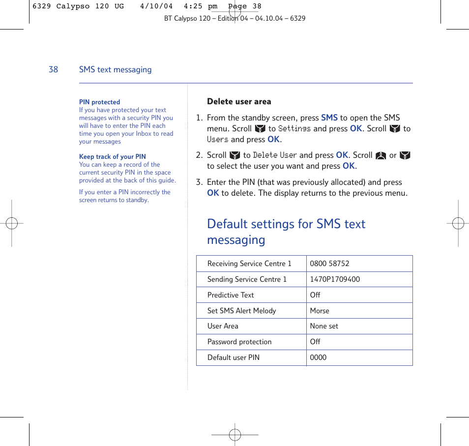 Default settings for sms text messaging | BT Calypso 120 User Manual | Page 38 / 69