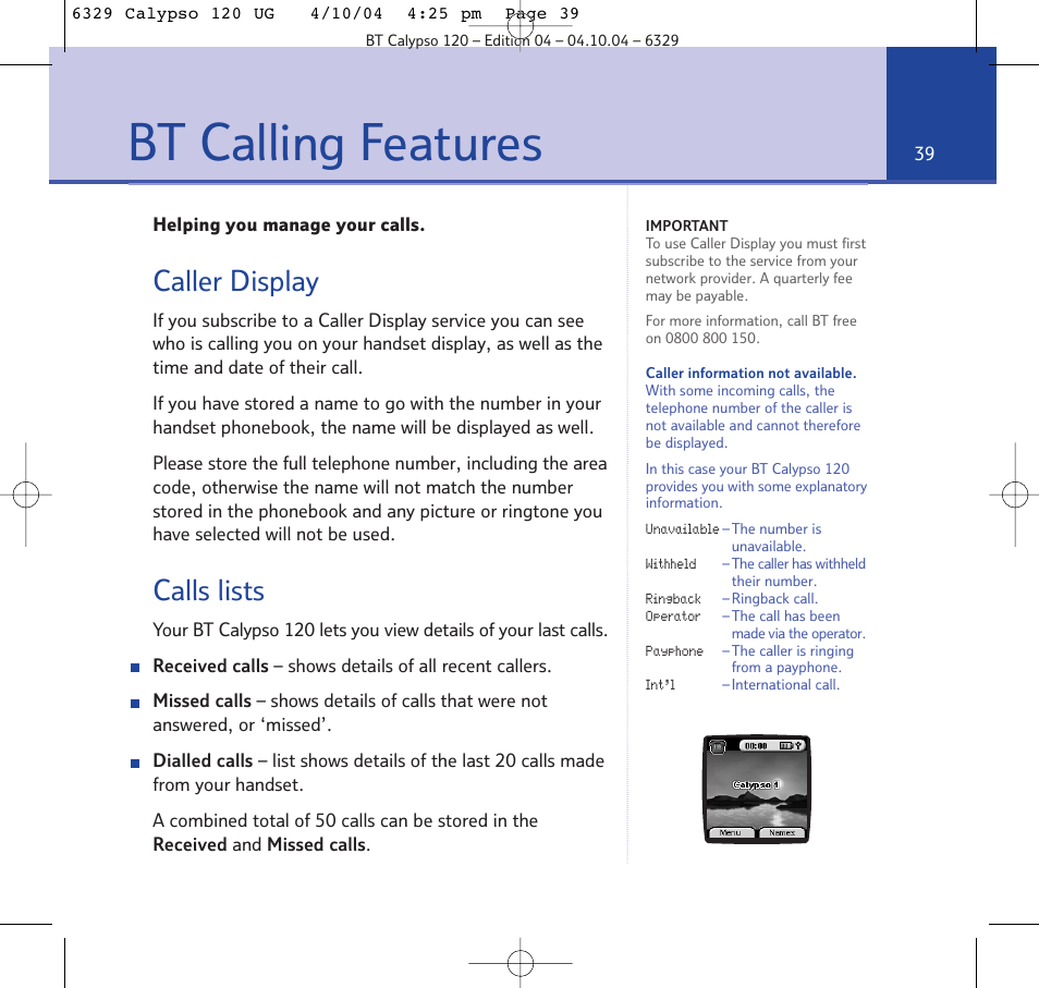 Bt calling features, Caller display, Calls lists | BT Calypso 120 User Manual | Page 39 / 69