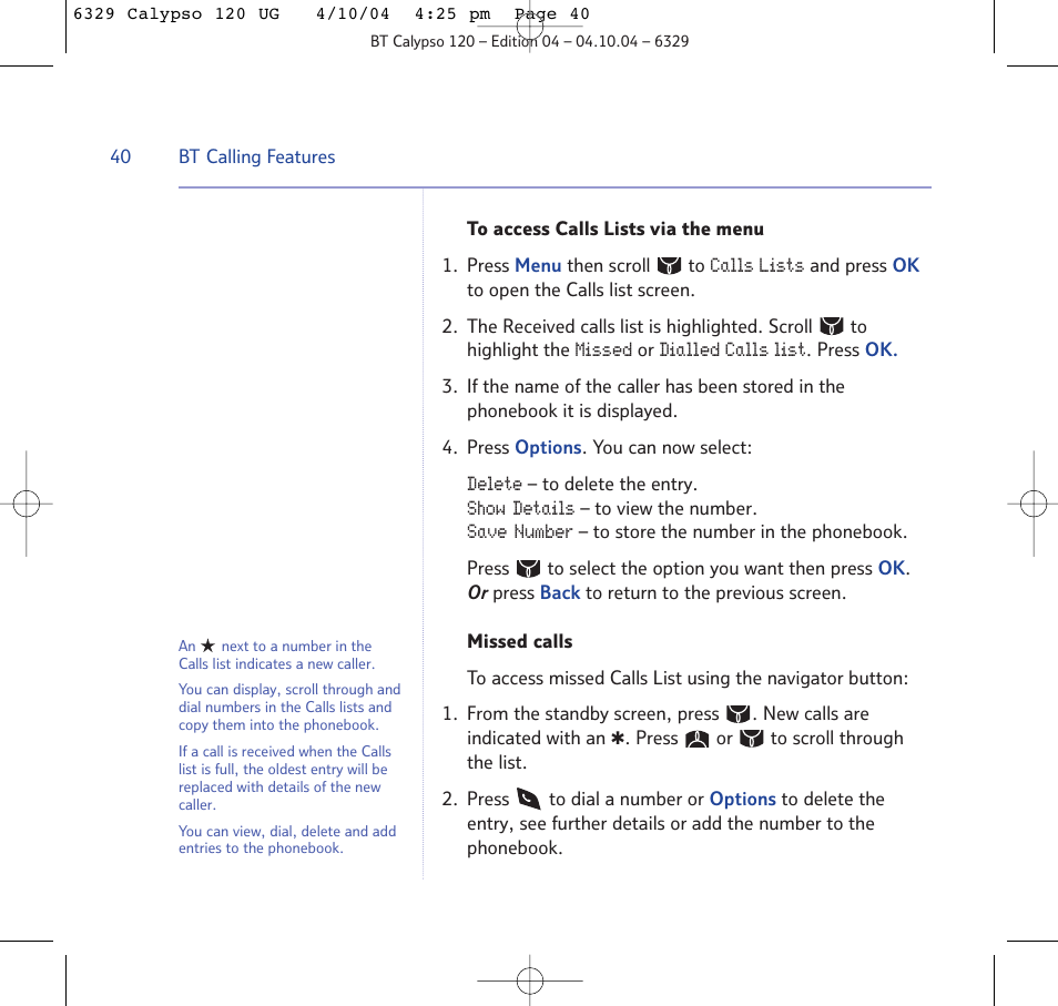 BT Calypso 120 User Manual | Page 40 / 69