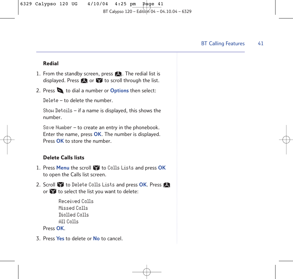BT Calypso 120 User Manual | Page 41 / 69