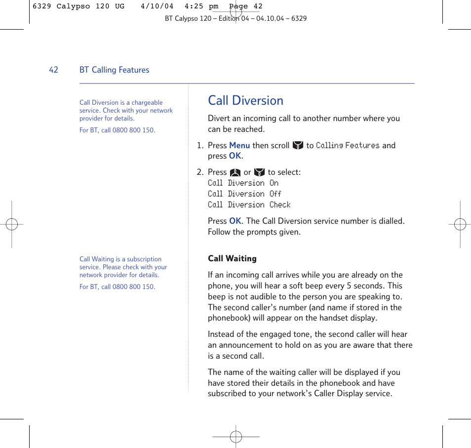 Call diversion | BT Calypso 120 User Manual | Page 42 / 69