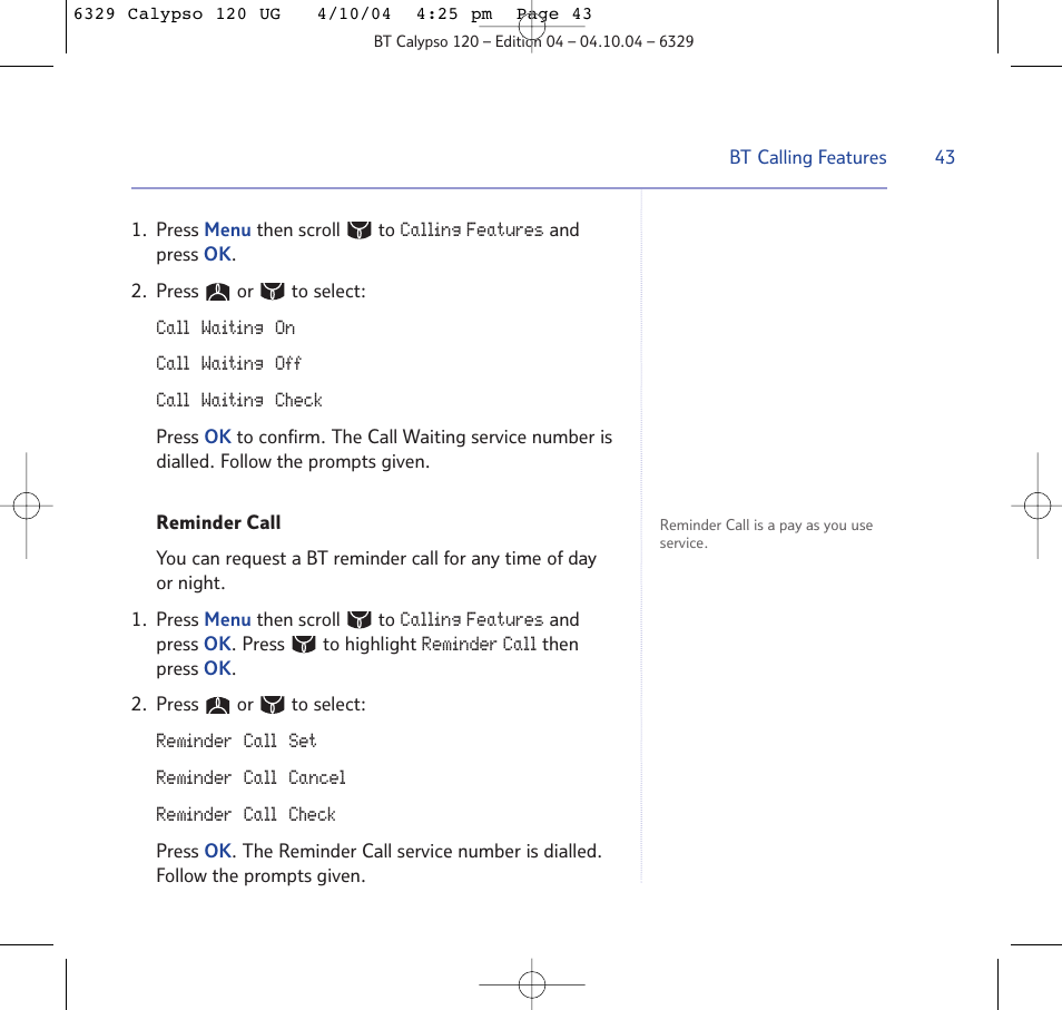 BT Calypso 120 User Manual | Page 43 / 69
