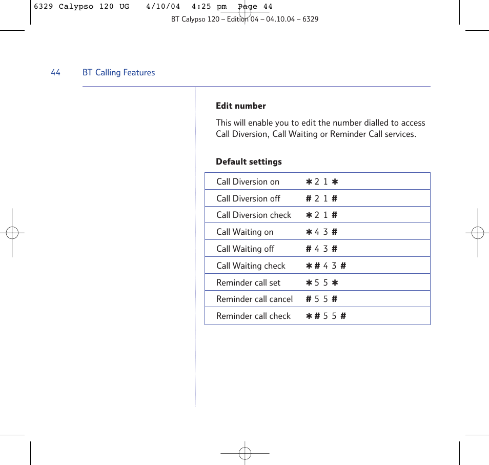 BT Calypso 120 User Manual | Page 44 / 69