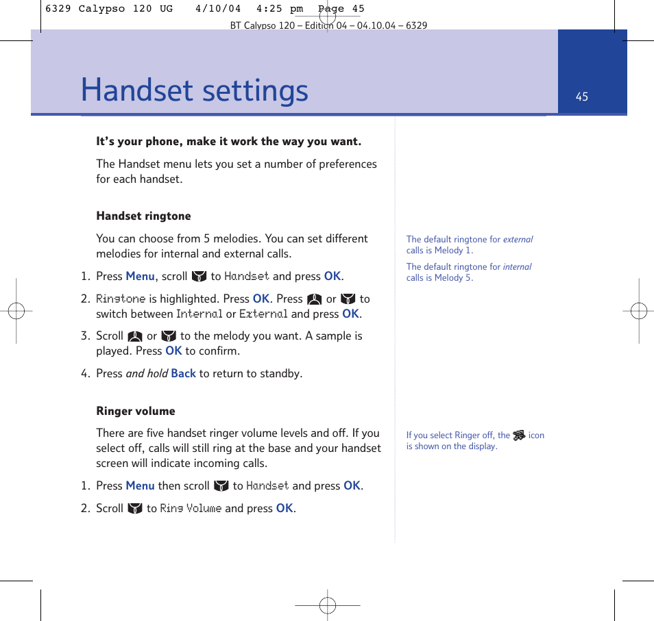 Handset settings | BT Calypso 120 User Manual | Page 45 / 69