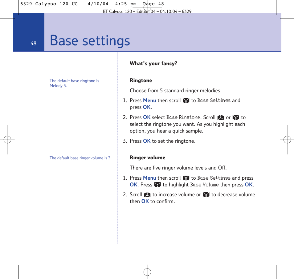 Base settings | BT Calypso 120 User Manual | Page 48 / 69