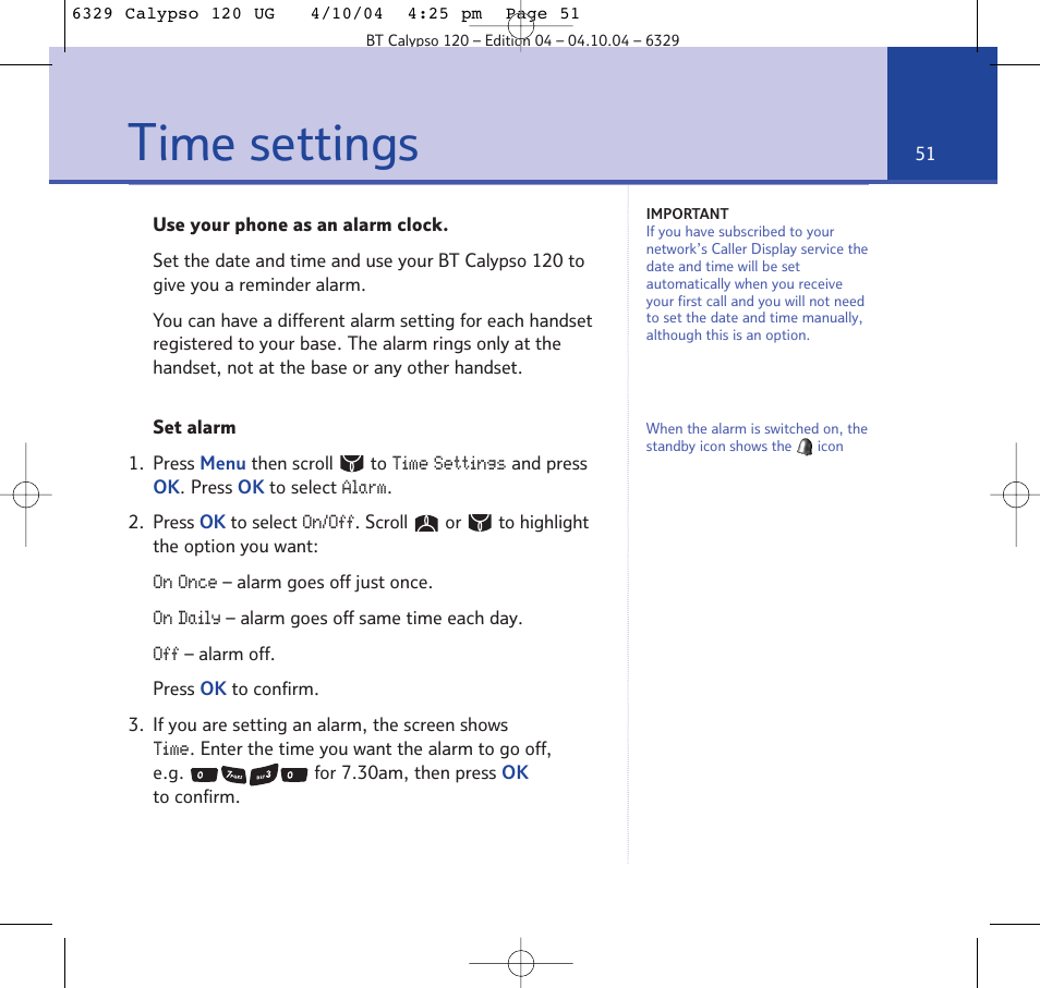 Time settings | BT Calypso 120 User Manual | Page 51 / 69