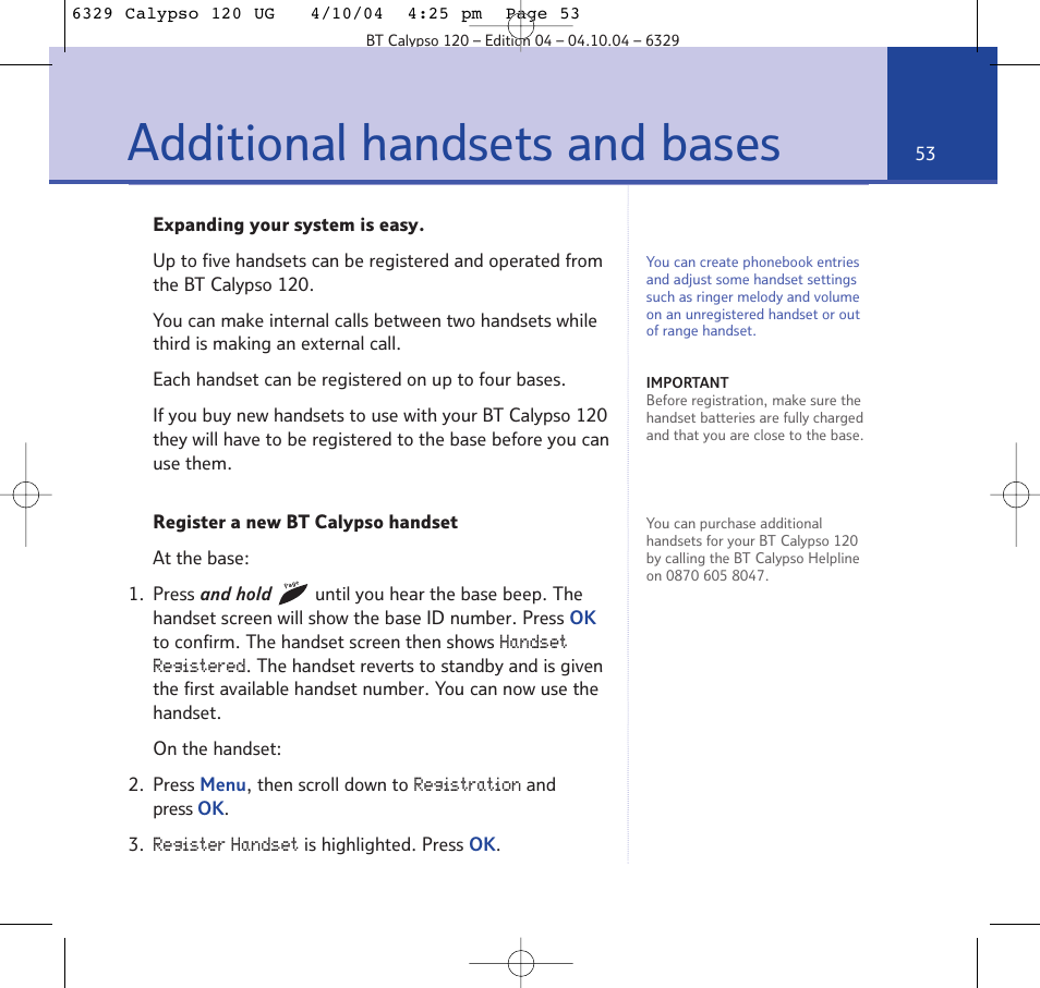 Additional handsets and bases | BT Calypso 120 User Manual | Page 53 / 69