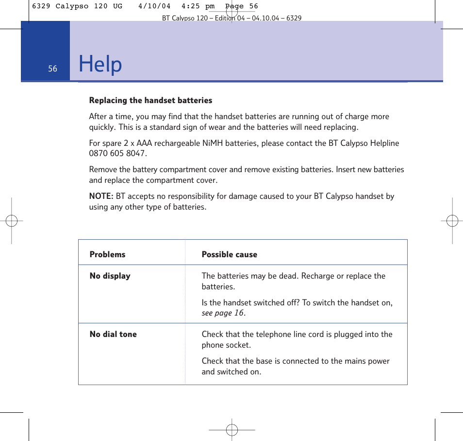 Help | BT Calypso 120 User Manual | Page 56 / 69