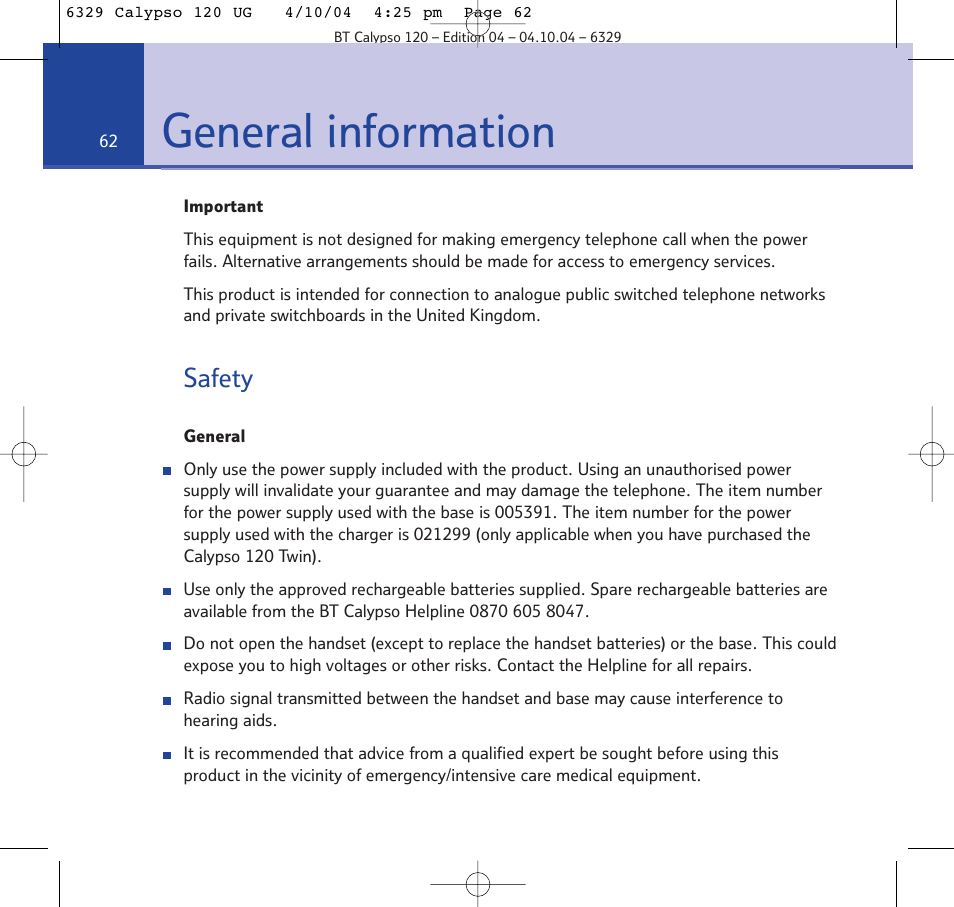 General information, Safety | BT Calypso 120 User Manual | Page 62 / 69