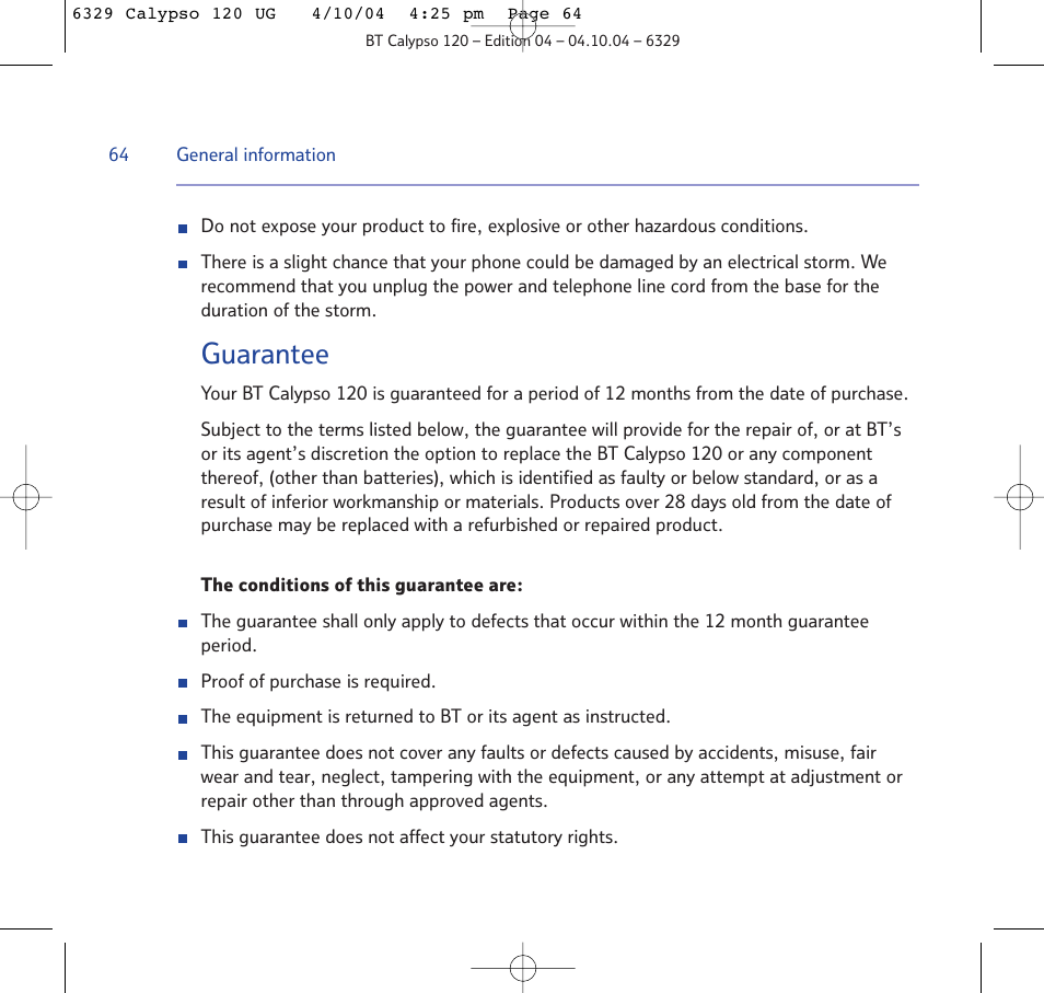 Guarantee | BT Calypso 120 User Manual | Page 64 / 69
