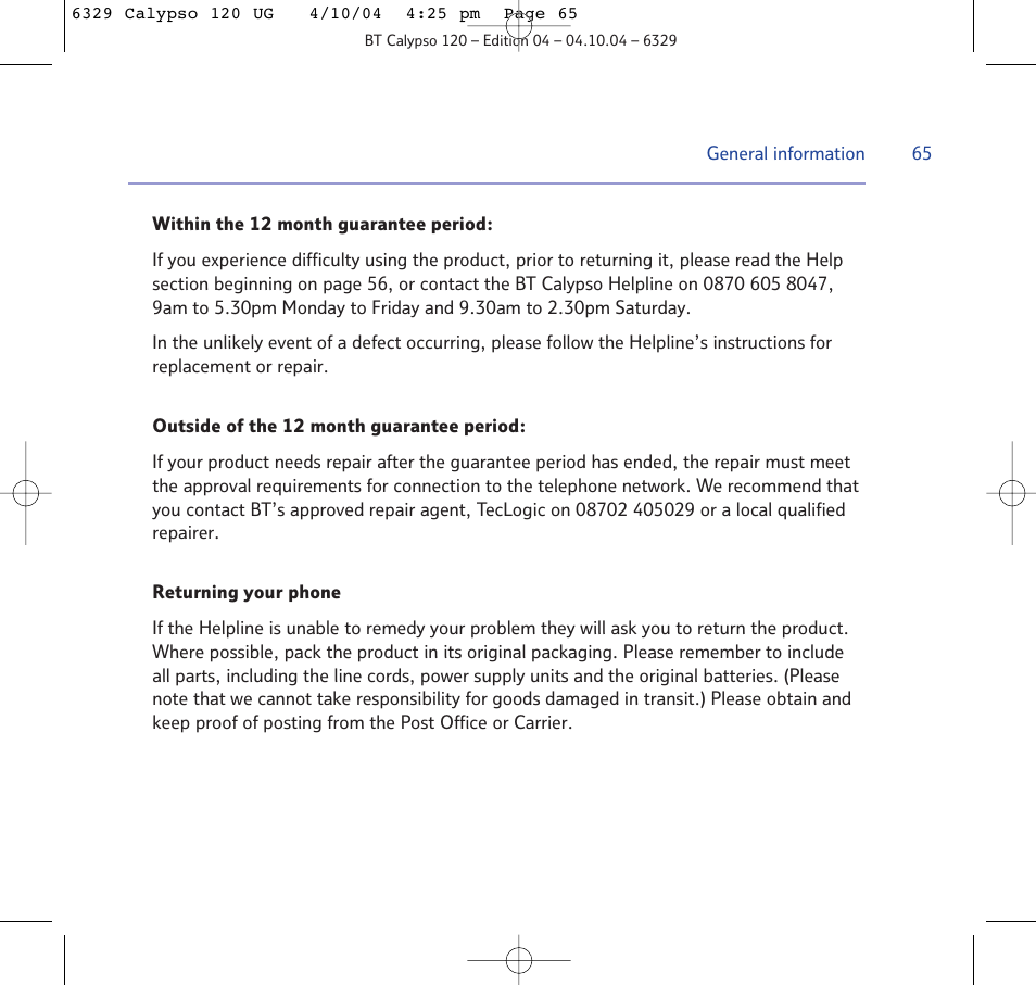 BT Calypso 120 User Manual | Page 65 / 69