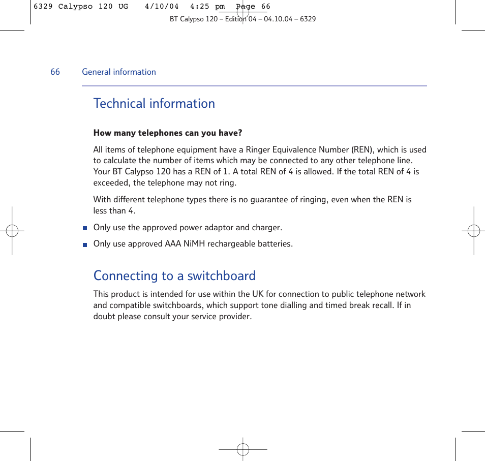 Technical information, Connecting to a switchboard | BT Calypso 120 User Manual | Page 66 / 69