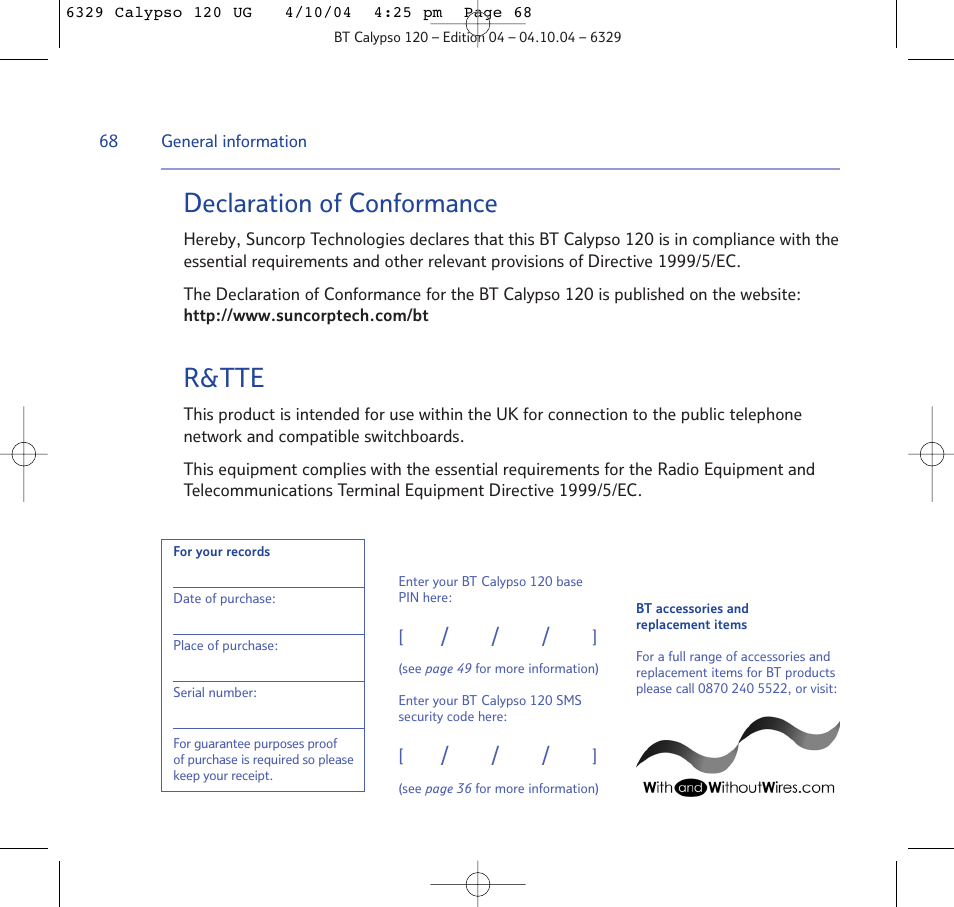 Declaration of conformance, R&tte | BT Calypso 120 User Manual | Page 68 / 69