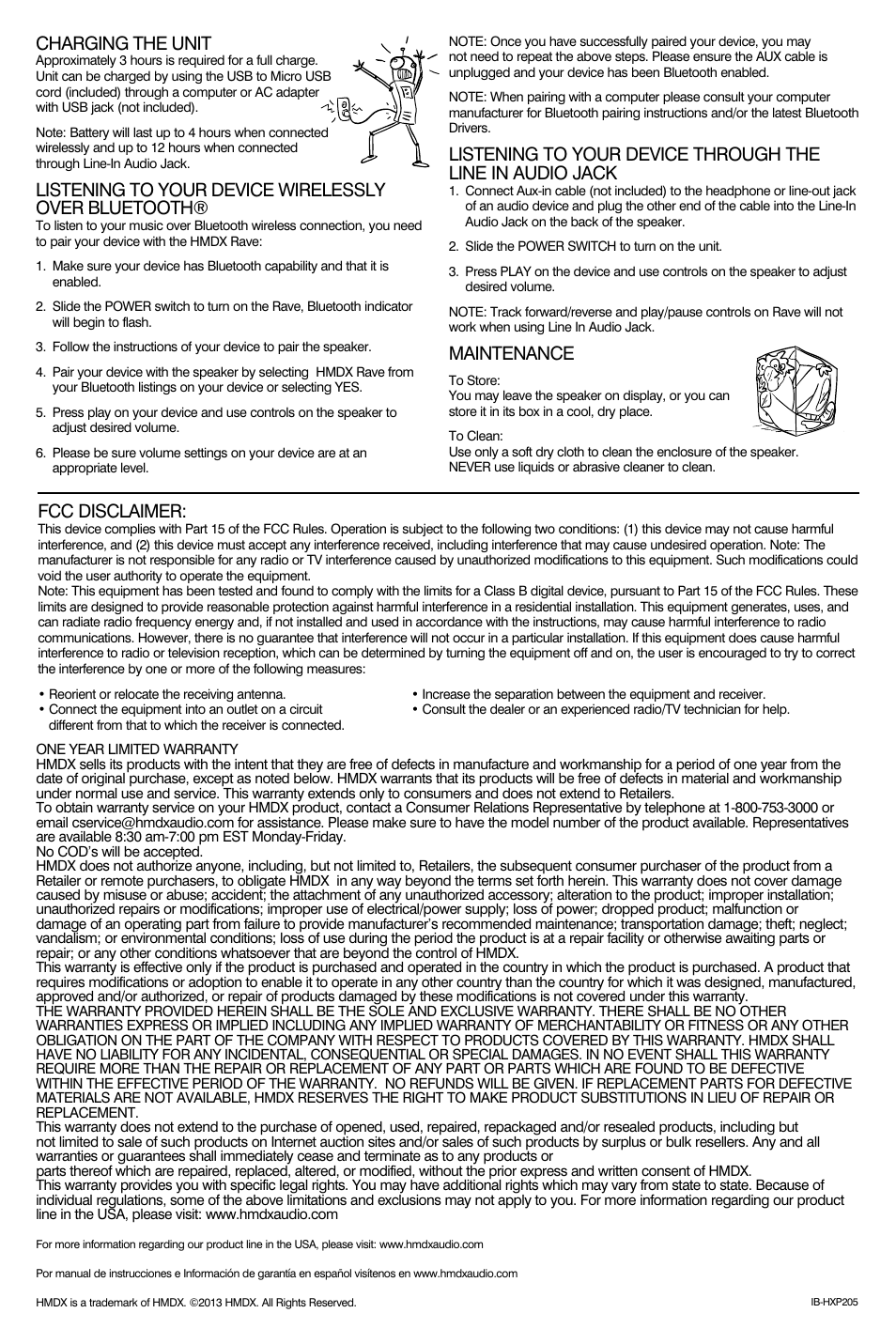 Charging the unit, Listening to your device wirelessly over bluetooth, Maintenance | Fcc disclaimer | HMDX Rave™ Rechargeable Bluetooth® Speaker EN User Manual | Page 2 / 2