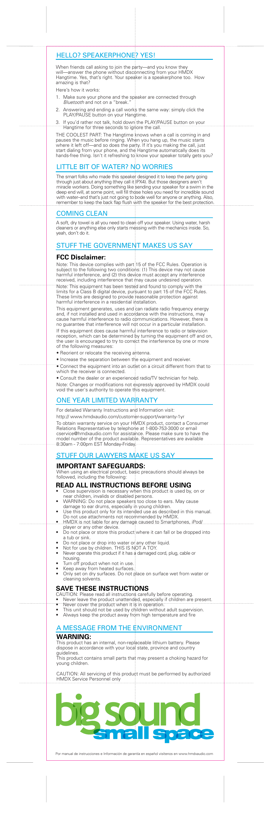 Fcc disclaimer, Read all instructions before using, Save these instructions | Important safeguards, Warning | HMDX HX-P140 User Manual | Page 2 / 2