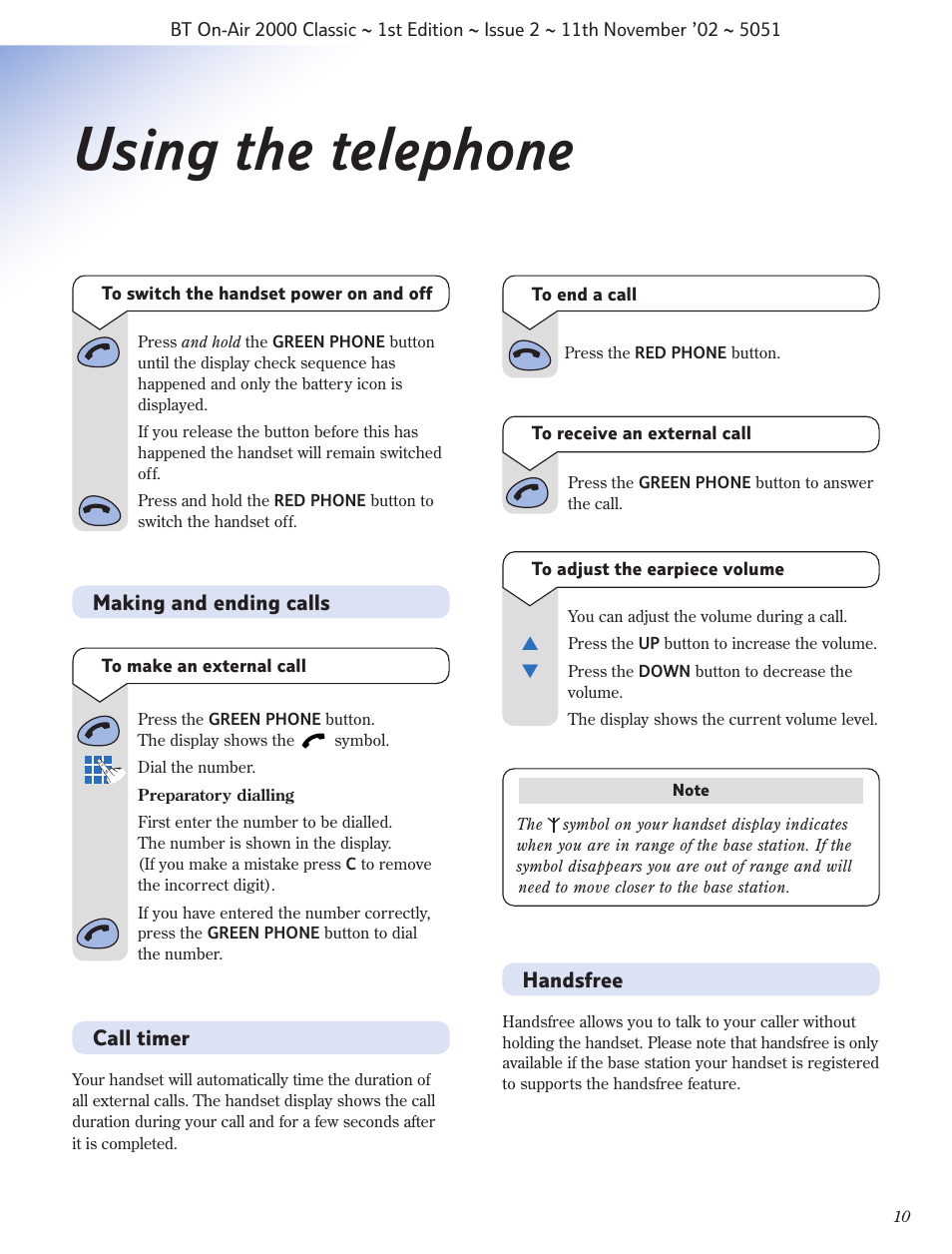 Using the telephone | BT On-Air 2000 Classic User Manual | Page 11 / 23