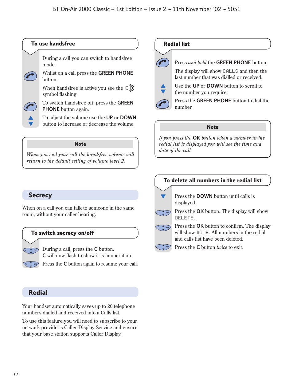 Secrecy redial | BT On-Air 2000 Classic User Manual | Page 12 / 23