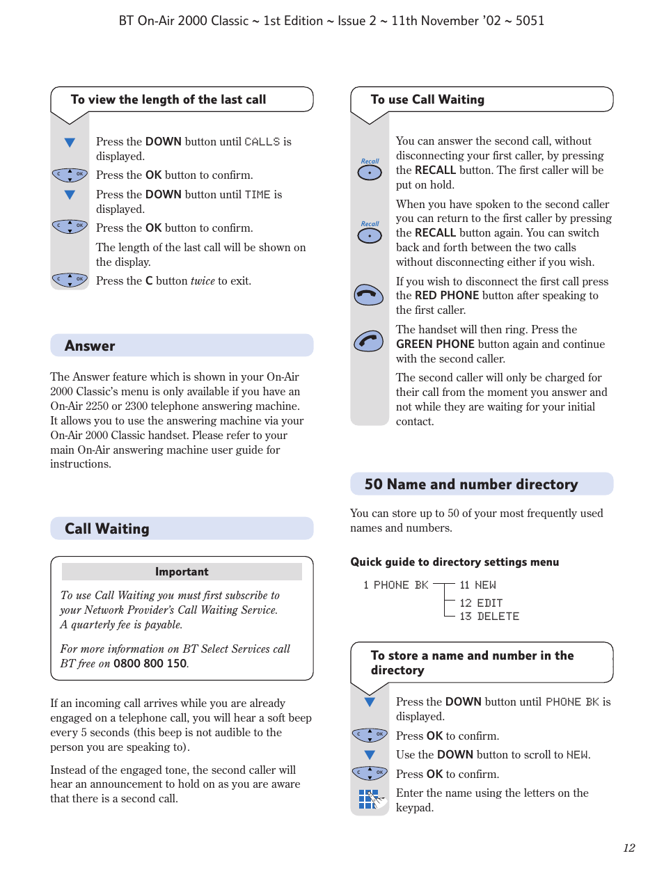 Call waiting, Answer, 50 name and number directory | BT On-Air 2000 Classic User Manual | Page 13 / 23