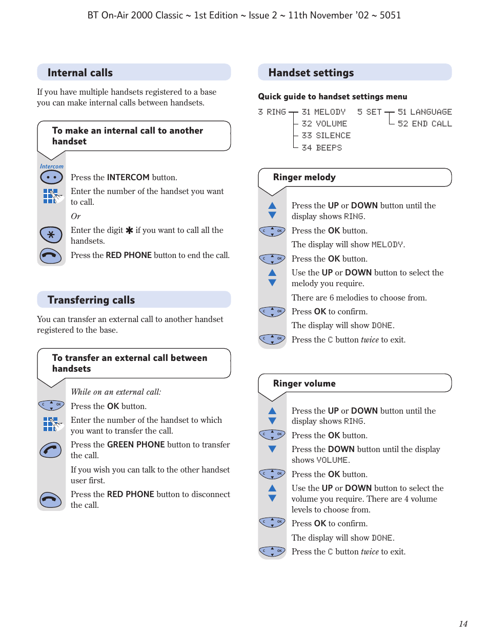 Transferring calls, Handset settings, Internal calls | BT On-Air 2000 Classic User Manual | Page 15 / 23