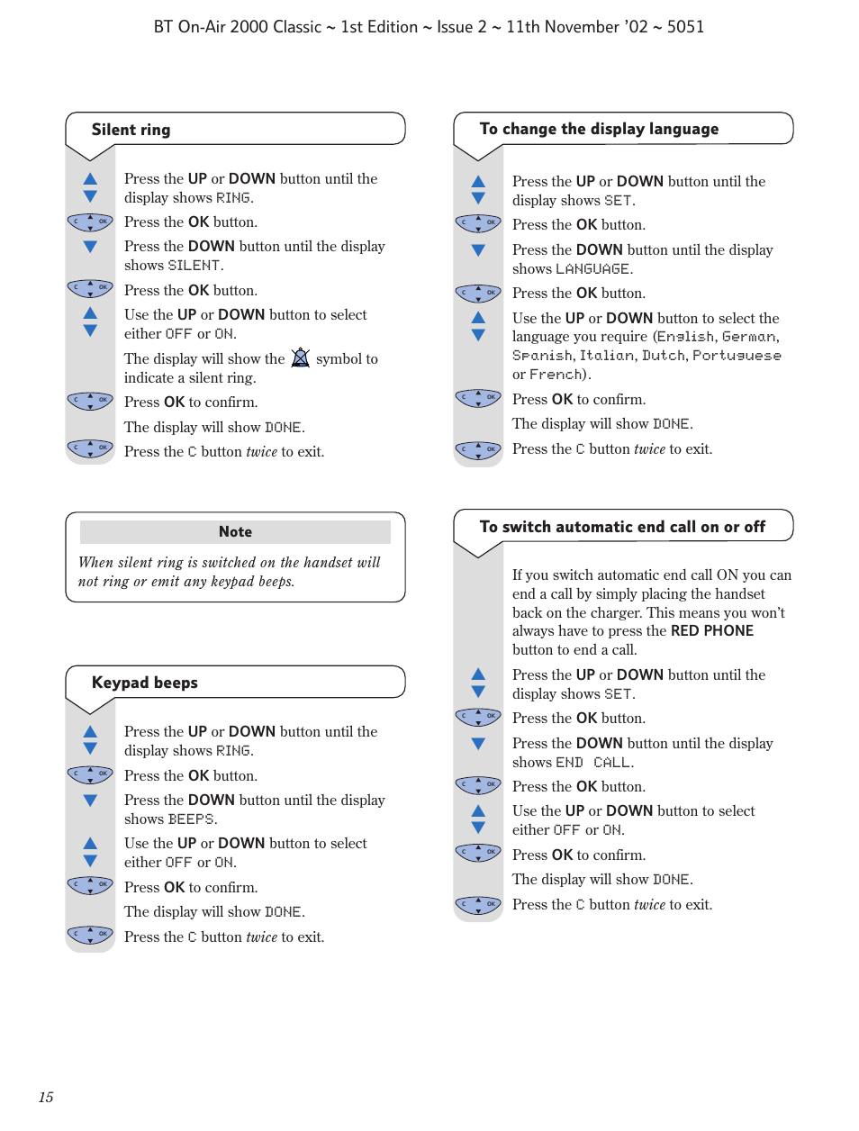 Keypad beeps, Silent ring | BT On-Air 2000 Classic User Manual | Page 16 / 23