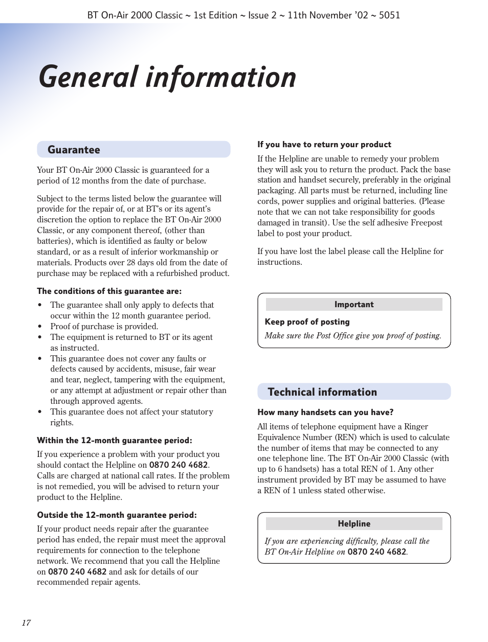 General information | BT On-Air 2000 Classic User Manual | Page 18 / 23